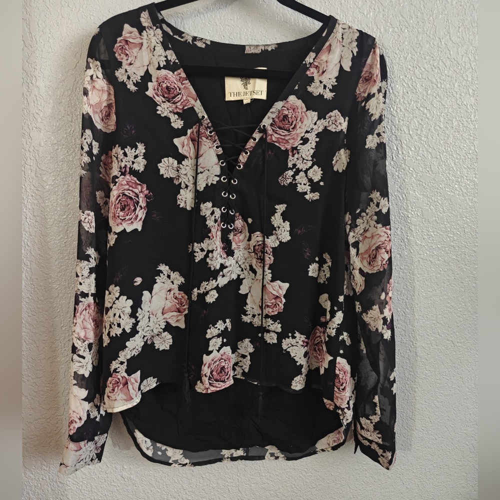 The Jetset Diaries Black and Pink Floral Lace-Up Blouse
